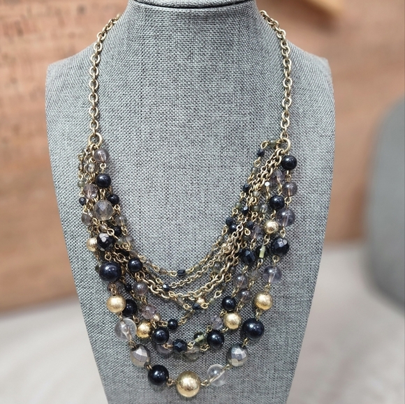 Lia Sophia Multi-Strand Beaded Necklace, Black and Gold with Crystal Accents - Picture 1 of 8